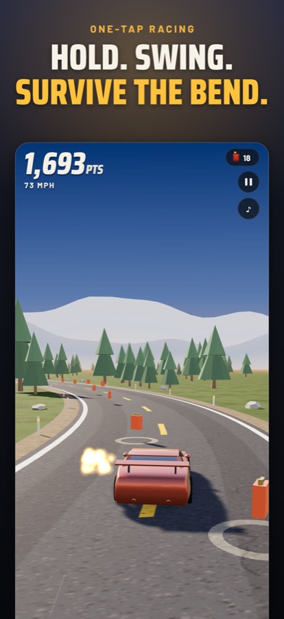 Swervy screenshot: a red car drifting through a forest bend