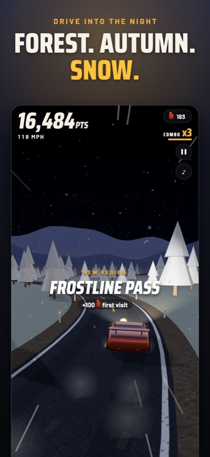Swervy screenshot: entering Frostline Pass at night